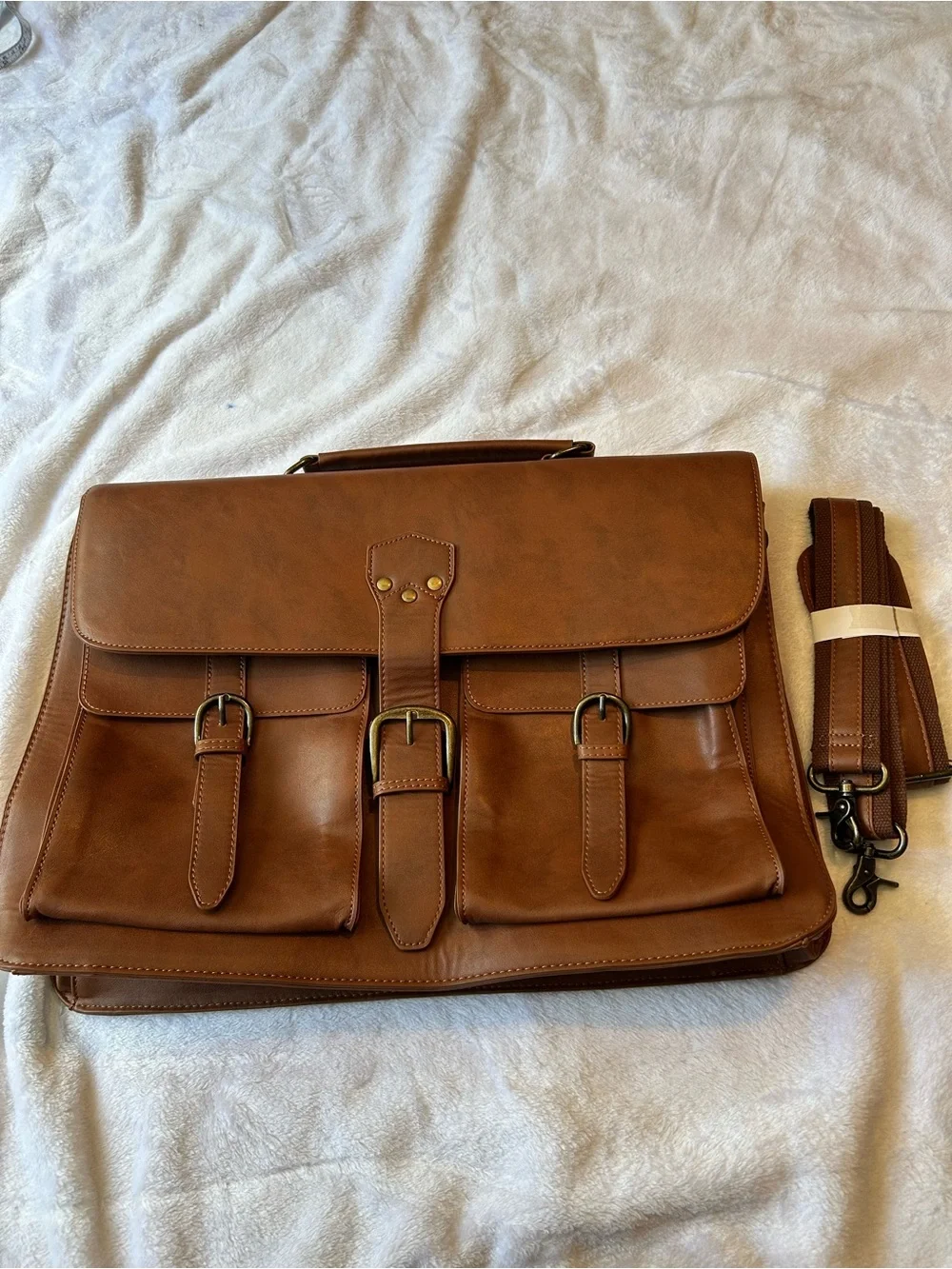 Men's Tan Leather Briefcase with Dual Front Pockets